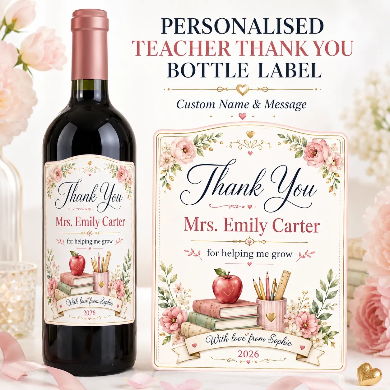 Personalised Teacher Thank You Bottle Label Sticker Appreciation Gift