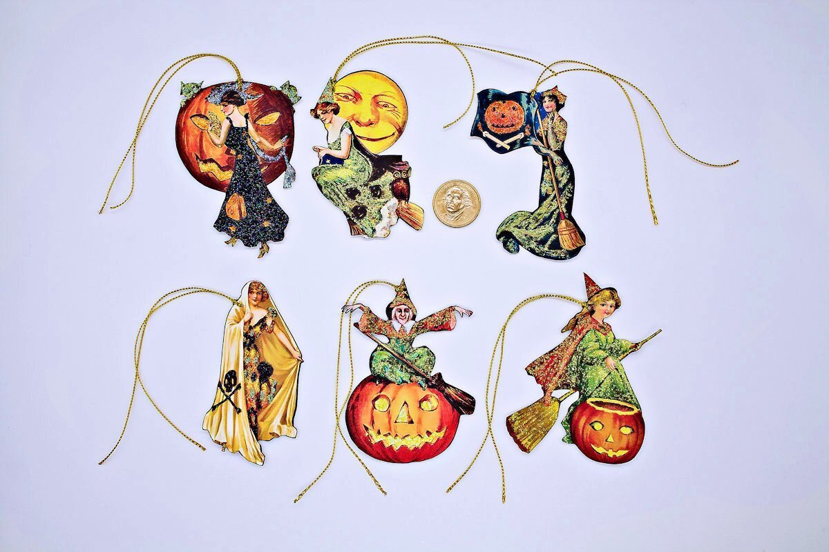 6~Halloween~Vintage~Fussy Cut~Glitter~Linen Cardstock~Gift~Hang~Tags~Ornaments