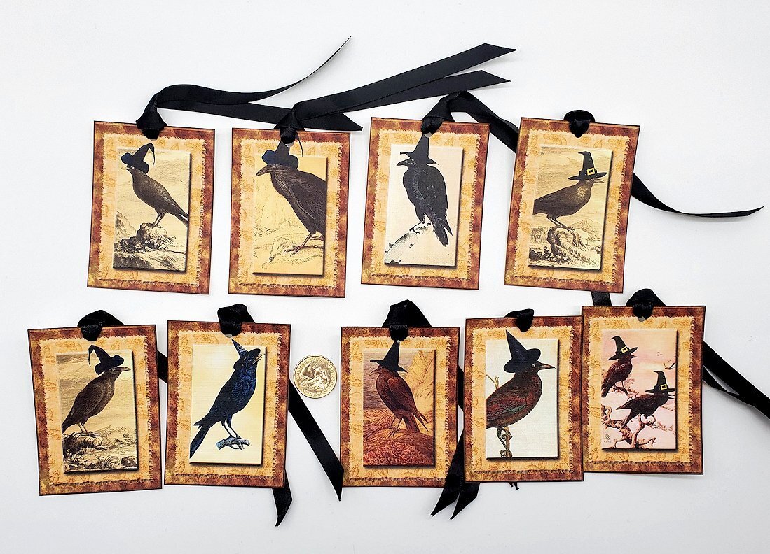 9-Halloween-Vintage-Witch Ravens-Journaling-Party-Linen Cardstock-Gift-Hang-Tags
