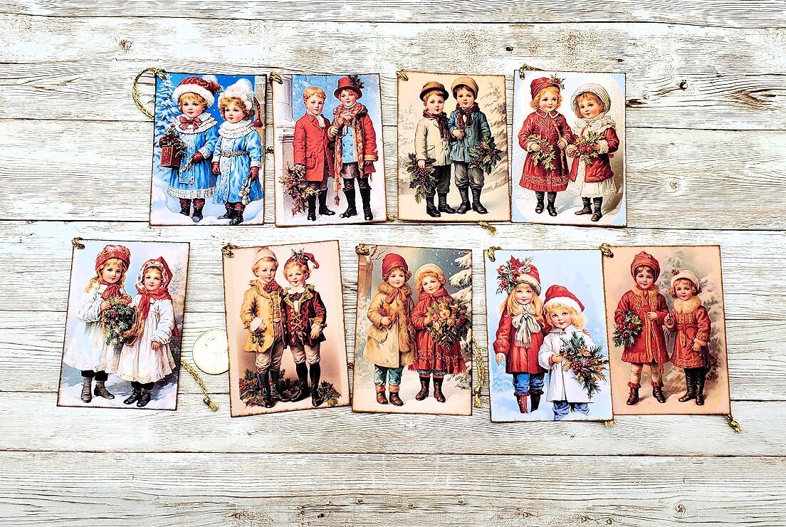 9-Christmas-Vintage-Kids-Holiday-Journals-Linen Cardstock-Gift-Hang-Tags