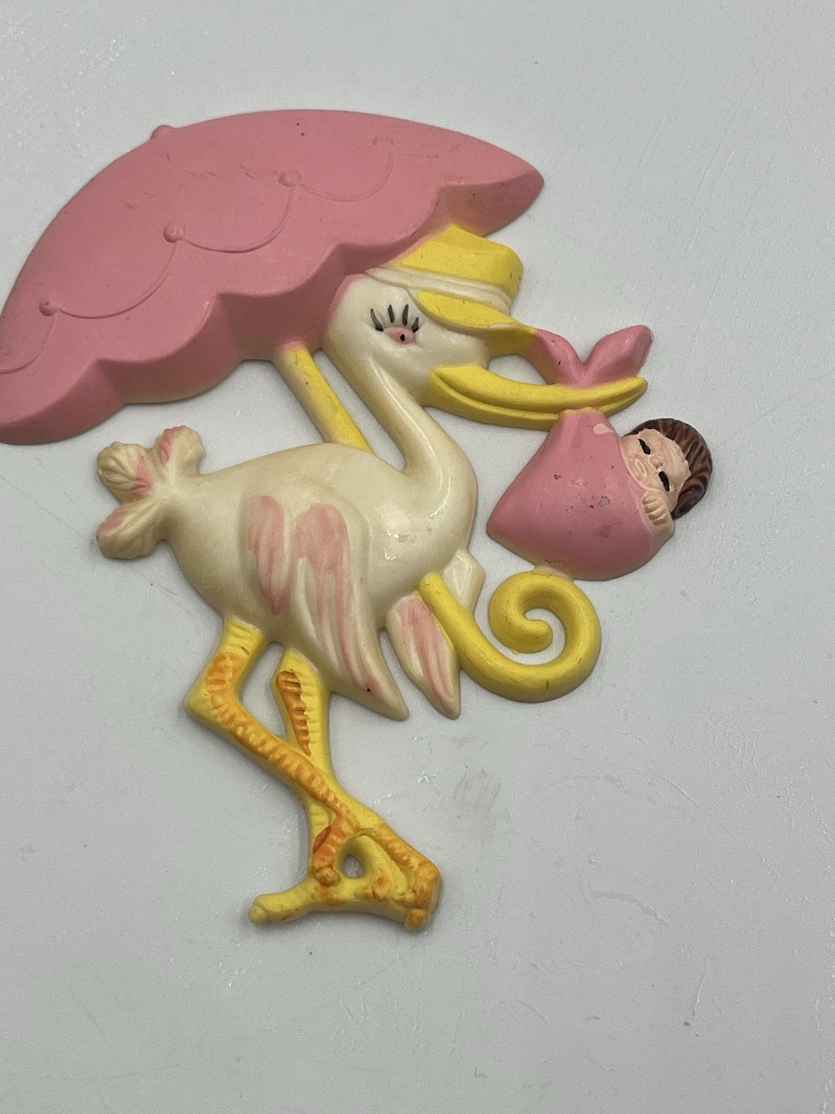 Plastic Pink Stork Umbrella & baby shower favor floral cupcake pic COLLECTIBLE