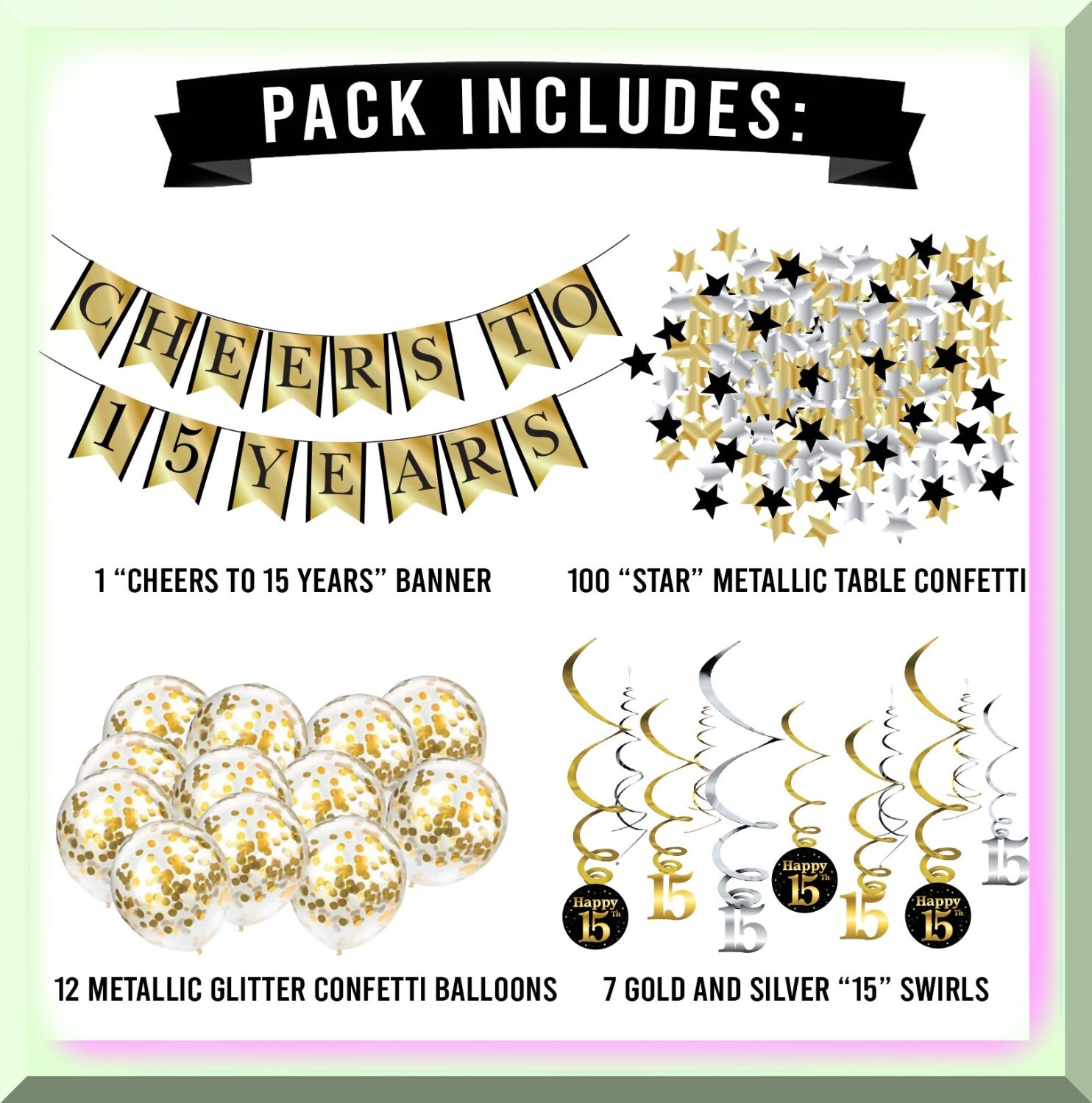15 Years Party Kit with Banner Balloons and Decorations