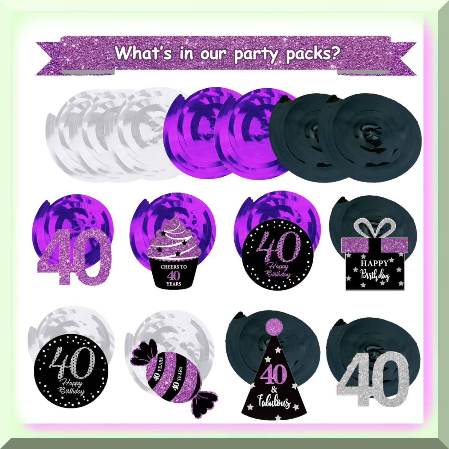 40th Birthday Swirl Decorations Purple Silver Black 15 Pieces