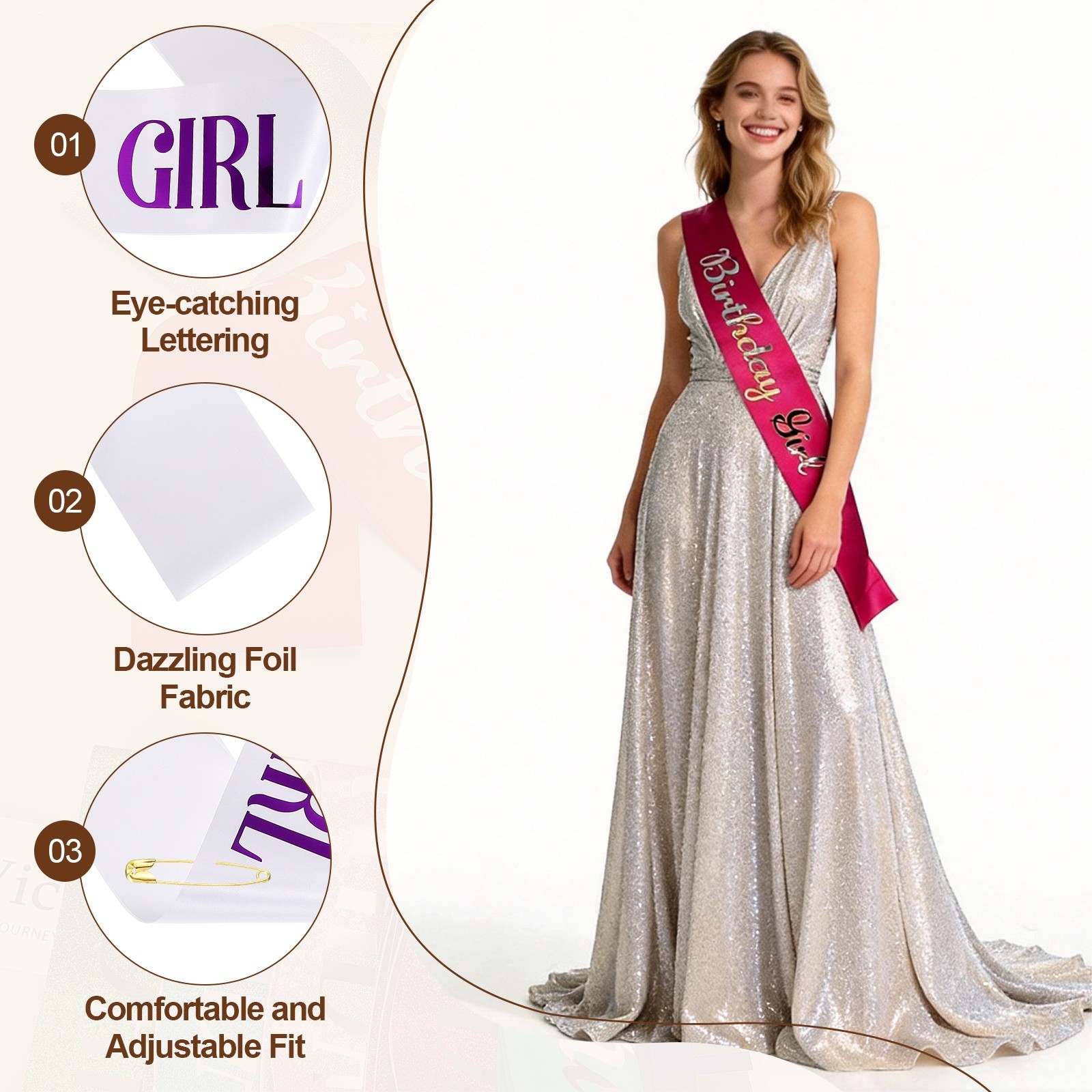 White Birthday Girls Sash with Pin Purple Lettering for Party