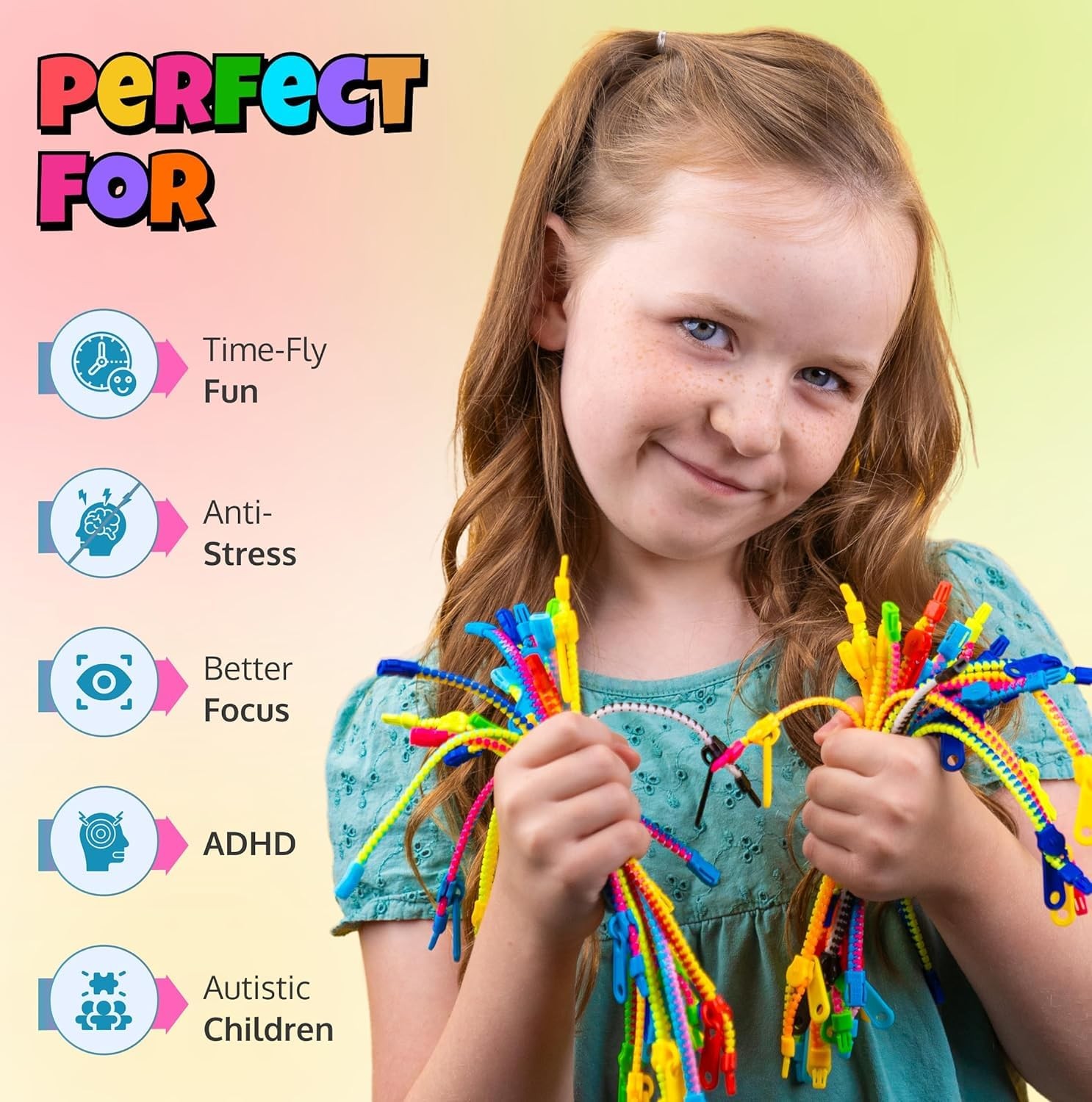 UpBrands 24 Pack Fidget Zipper Bracelets 7.5in Multicolor Sensory Toy Kids
