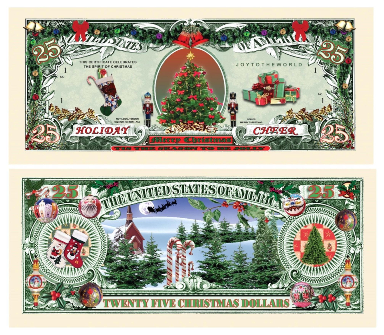 1000 TOTAL – Christmas Tree Holiday Santa $25 Dollar Novelty Money Gift Bills