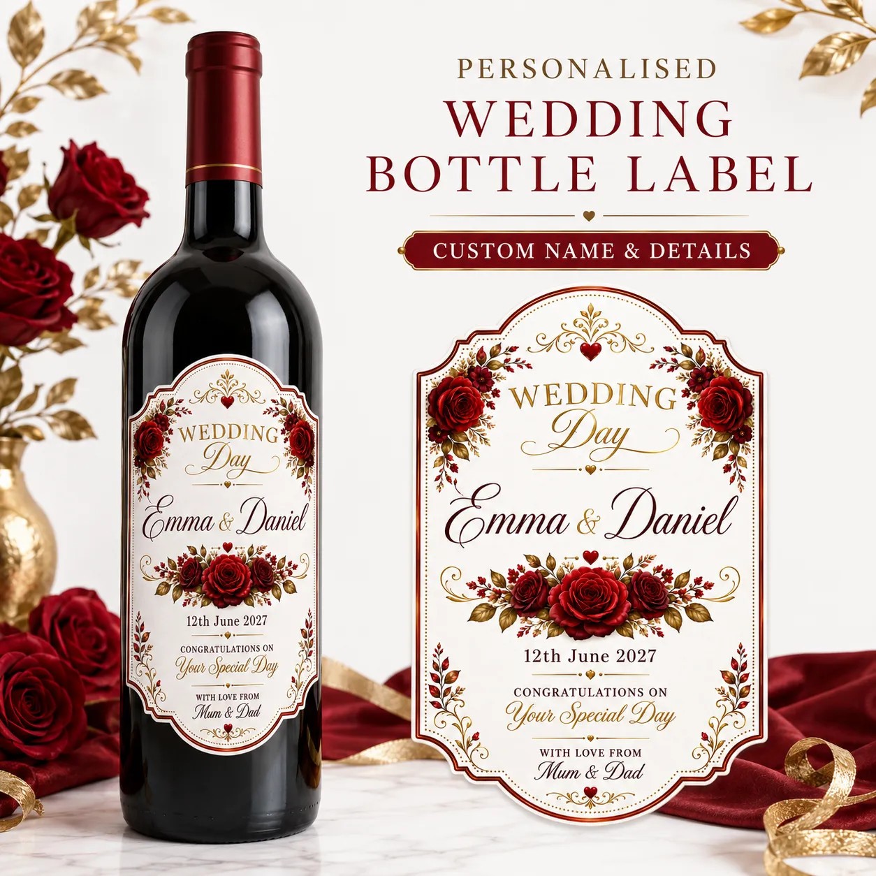 Personalised Wedding Day Bottle Label Sticker Custom Bride Groom Gift Wine