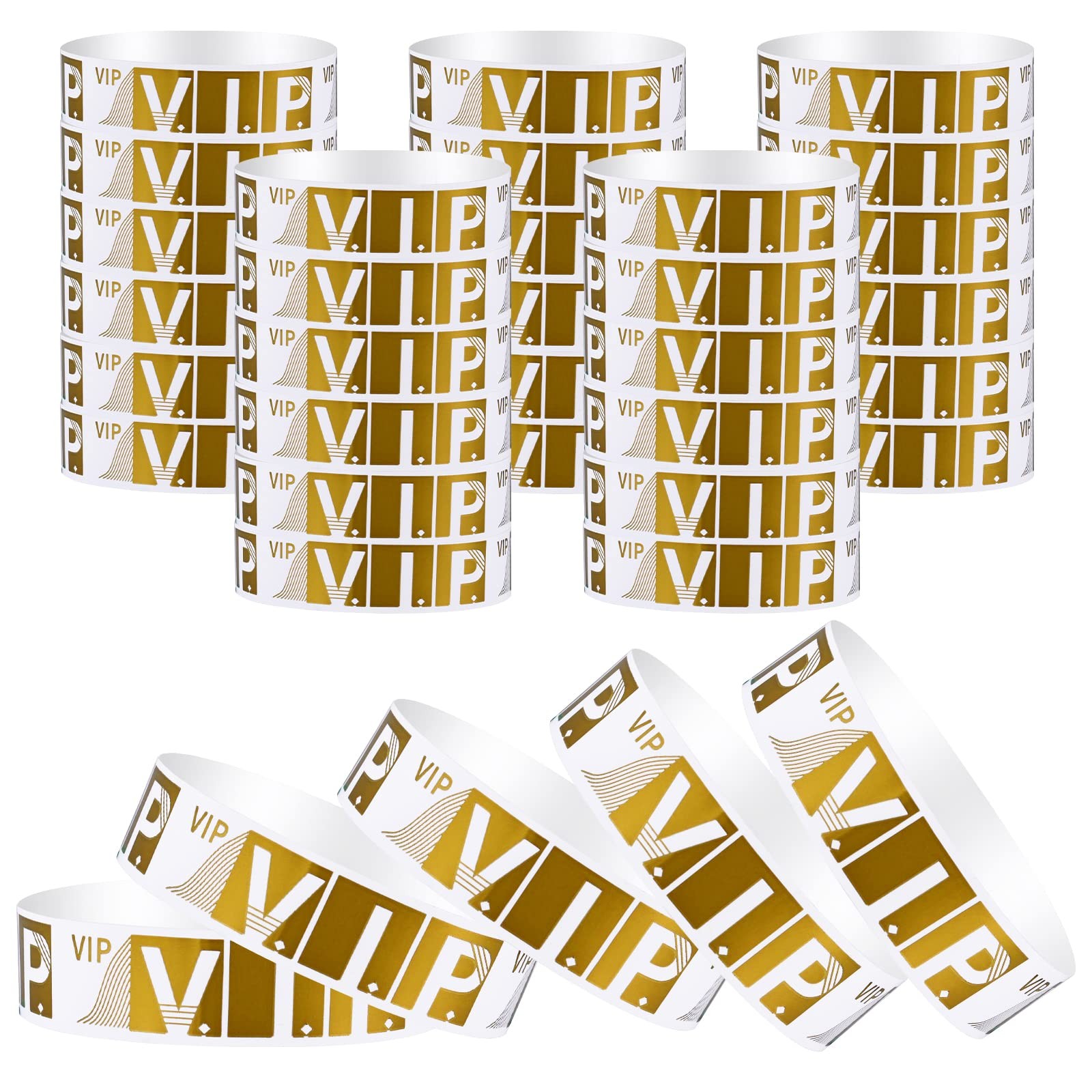 100 Pcs VIP Wristbands for Events Waterproof Paper 9.84 x 0.75 inch, Gold