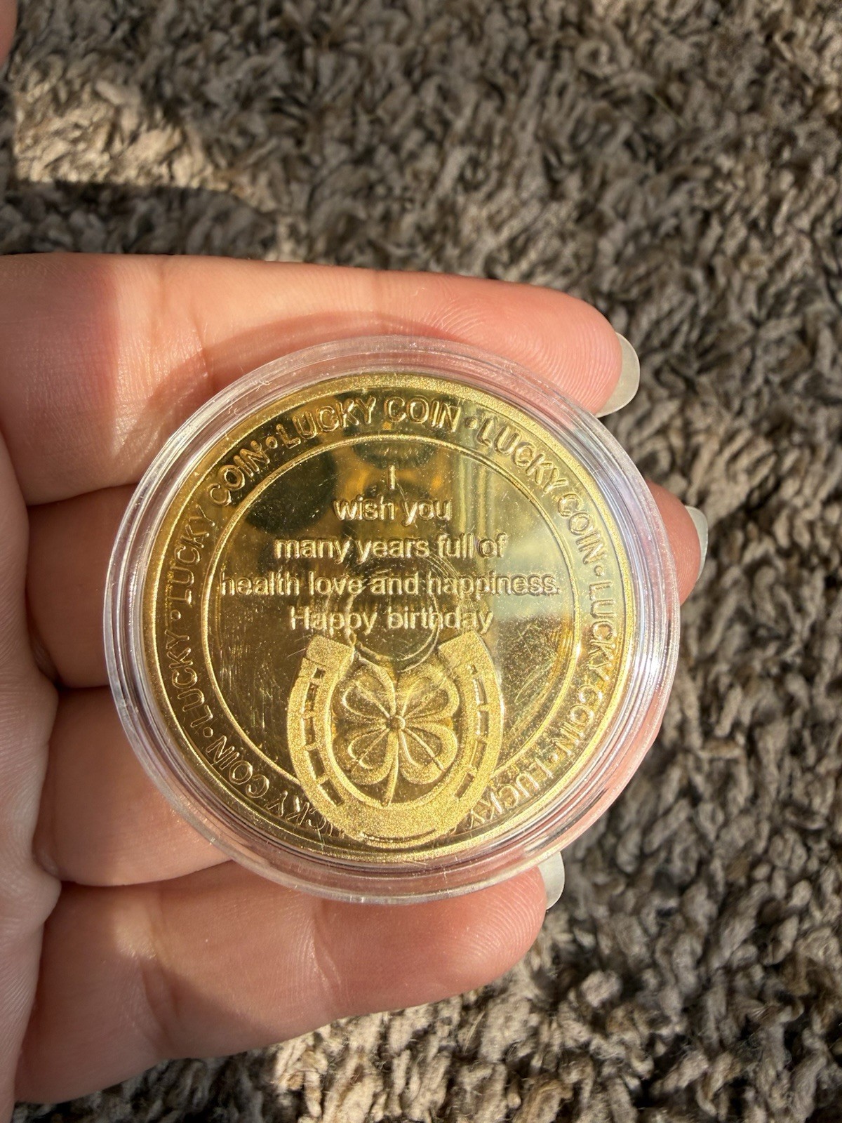 Happy Birthday Dollar Size Lucky Coin Capsuled Gold Colored