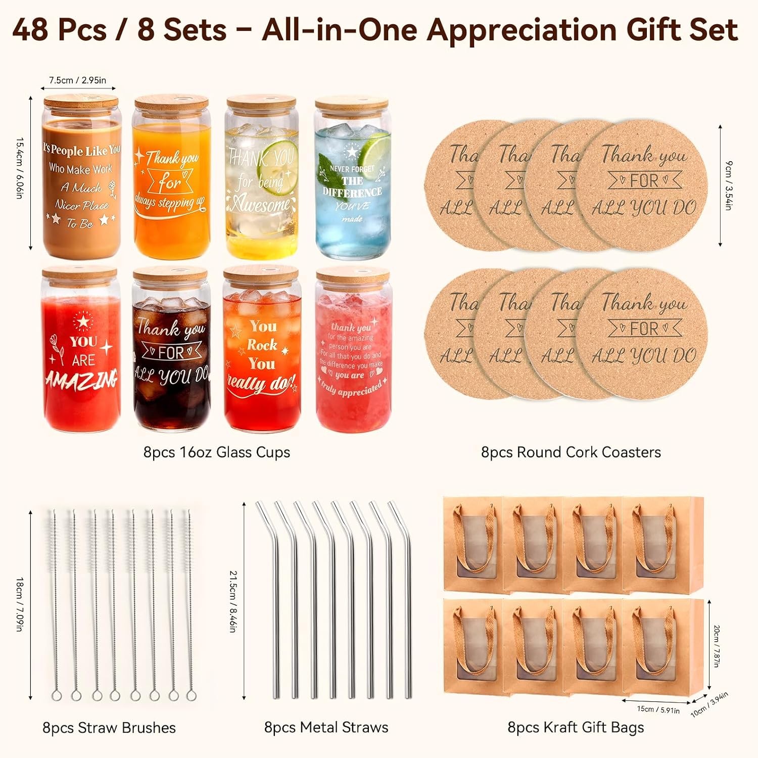 40 Pcs/8 Sets Employee Appreciation Gifts Glass Cups with Coasters, Straws,