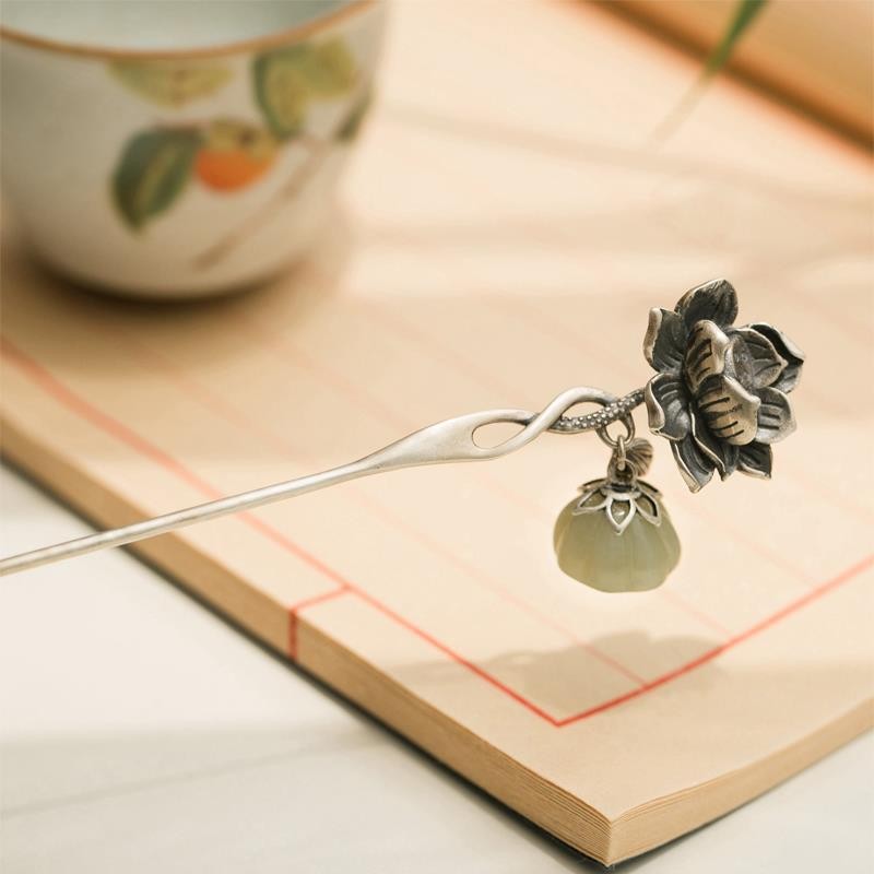 Handmade S925 Silver Lotus Hairpin Antique Hanfu Women Chinese Hair Accessory‌