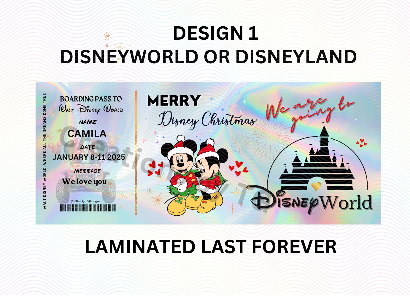 Physical Holographic Unique Personalized Surprise Reveal Ticket Disney Style