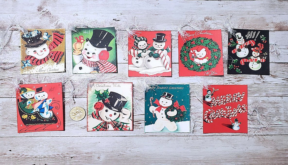 9-Christmas-Retro-Mid Century-50s-Snowman-Holiday-Linen Cardstock-Gift-Hang-Tags