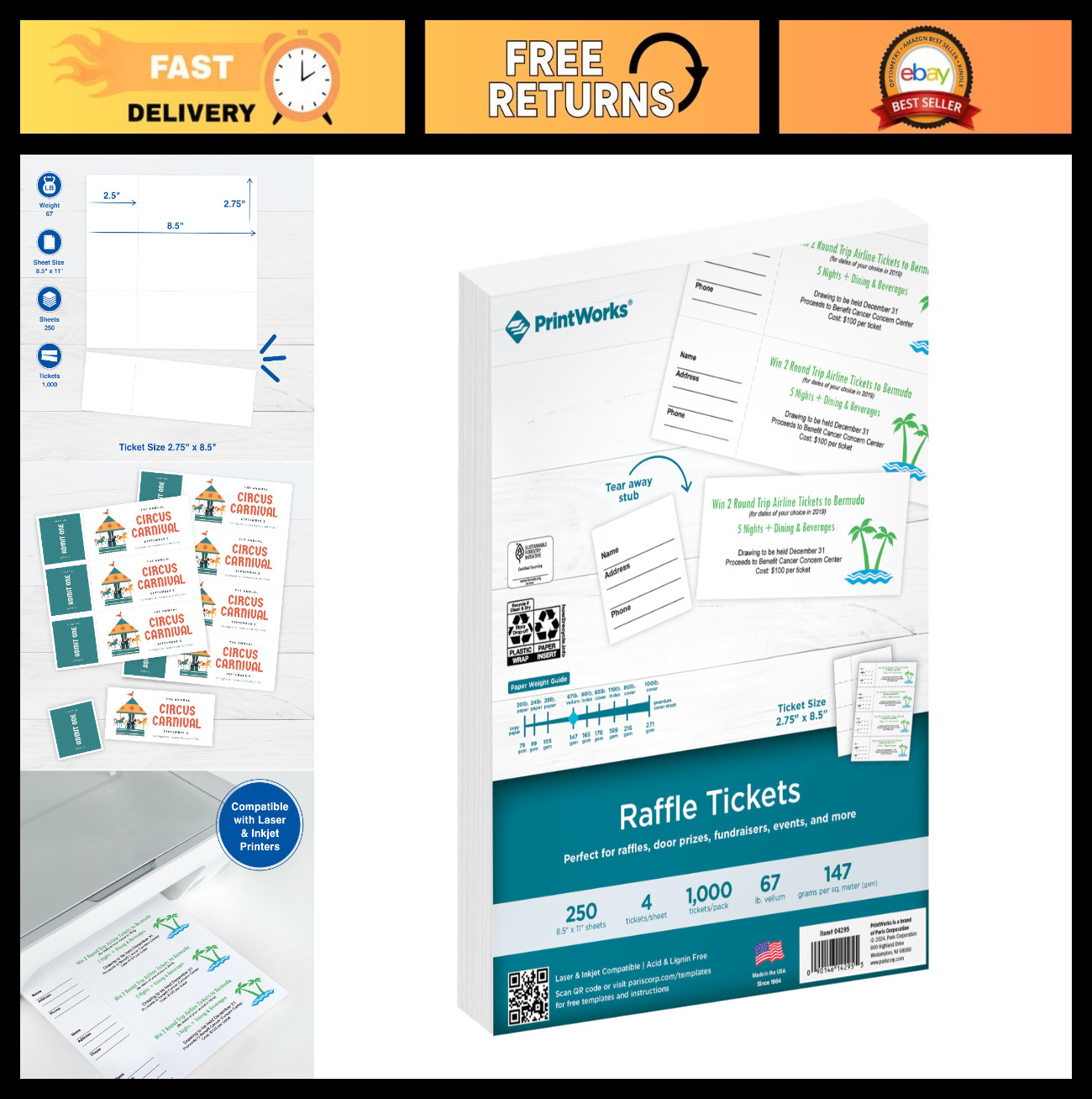 Custom Printable Raffle Tickets with Tear-Away Stubs – 1000 Event Fundraiser Tic