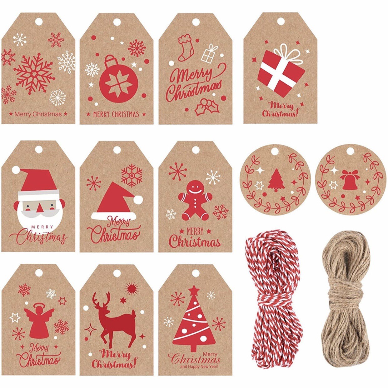 120Pcs Christmas Gifts Kraft Tags 32 Yards Jute String Attached Xmas Holiday