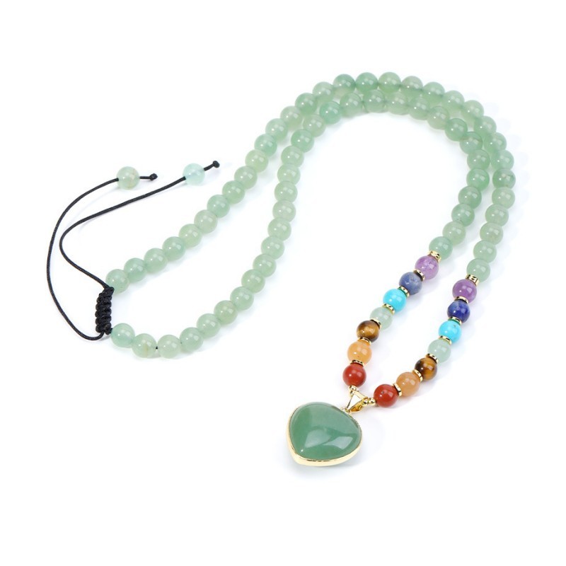 7 Chakra Crystal Heart Pendant Necklace, Healing & Balancing Beaded Necklace