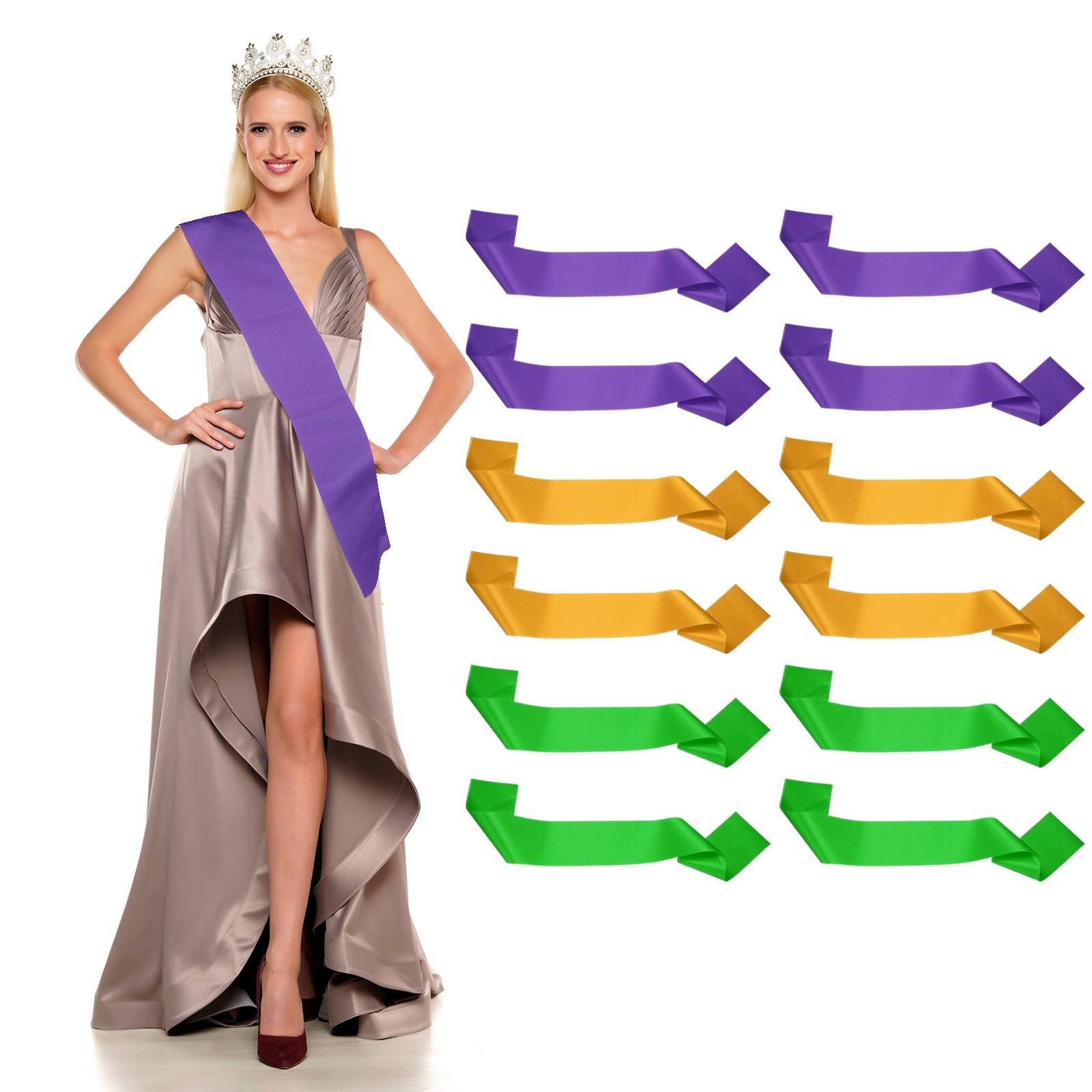Satin Sash, Blank Sash Pageant Ribbon for Party 12 Pack & Gold/Purple/Green