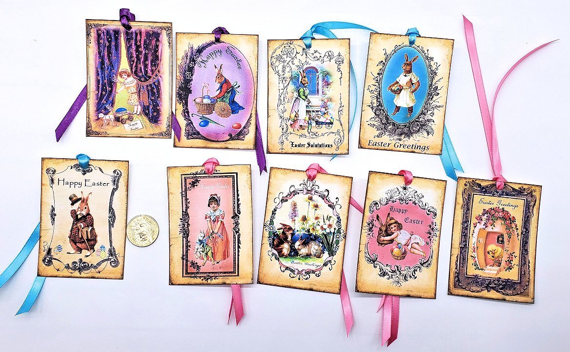 9-Easter-Vintage-Ephemera-Bunnies-Rabbits-Journal-Linen Cardstock-Gift-Hang-Tags