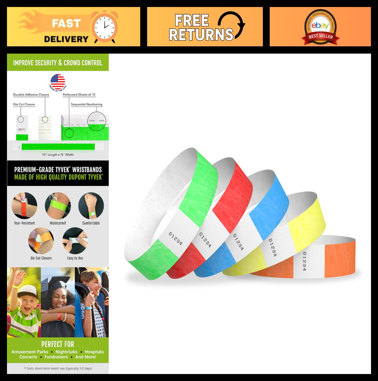 2,000 Tamper-Proof Tyvek Wristbands – 5-Color Variety Pack for Events, Parties &