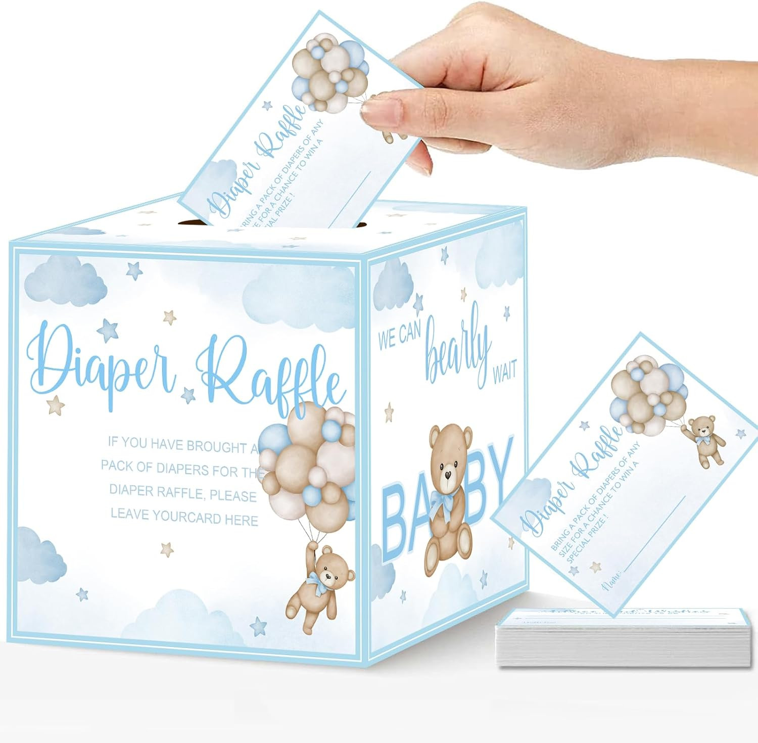 51 Pcs Bear Diaper Raffle Tickets with Diaper Raffle Card Box for Baby Shower Su