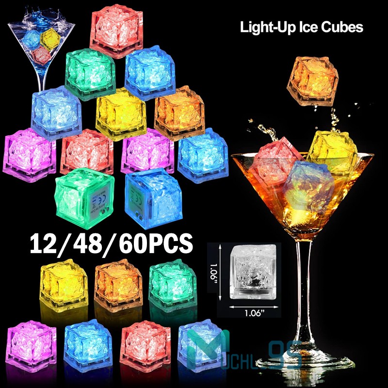 12~60 Pcs Reusable Light Up Ice Cubes for Drinks Liquid Sensor Glowing Ice Cubes