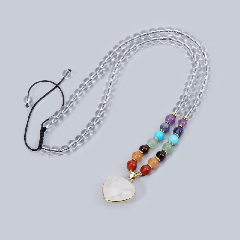 7 Chakra Crystal Heart Pendant Necklace, Healing & Balancing Beaded Necklace