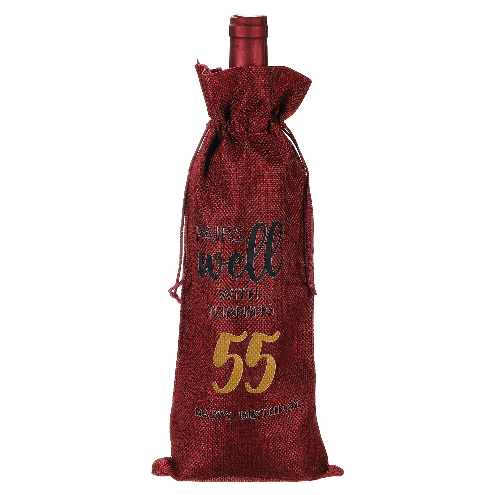 6 x 14 Inch 55th Birthday Gift Wine Bottle Bag with Drawstring, Red