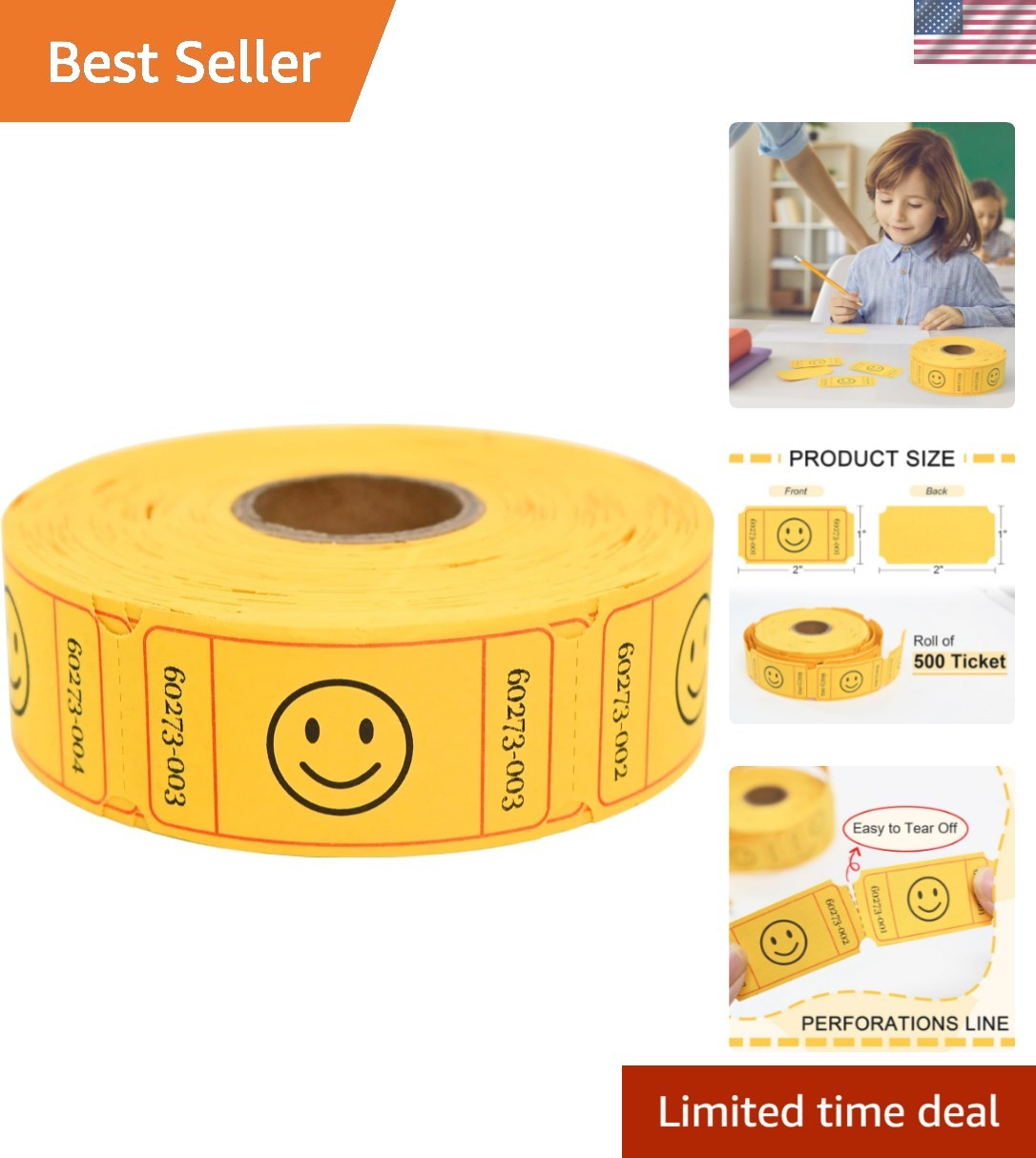500 Raffle Tickets, Smile,Yellow6 Color Selection, Single Roll, Ticket for Ev…