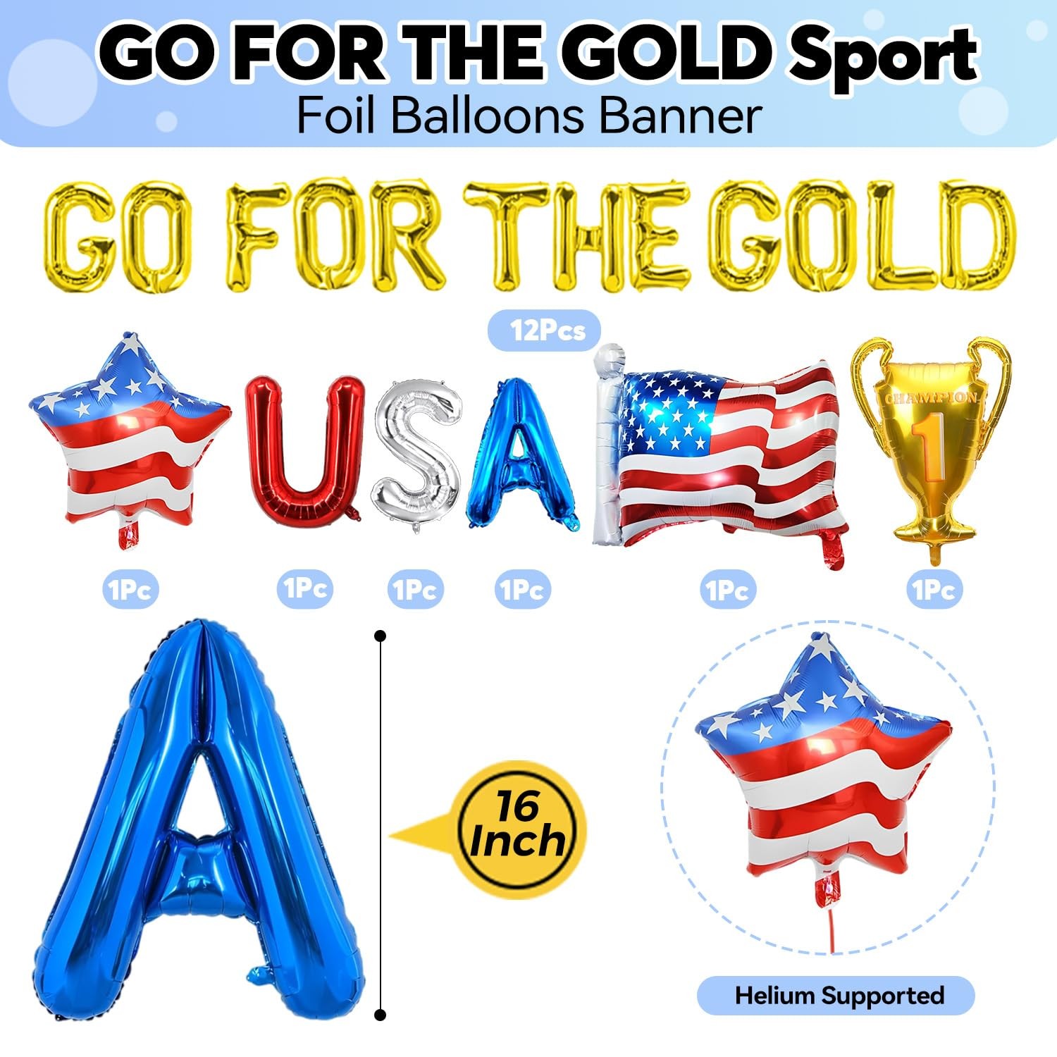 GO FOR THE GOLD Sports Balloons 2026 World 22 inches, Red, Silver, Blue, Gold