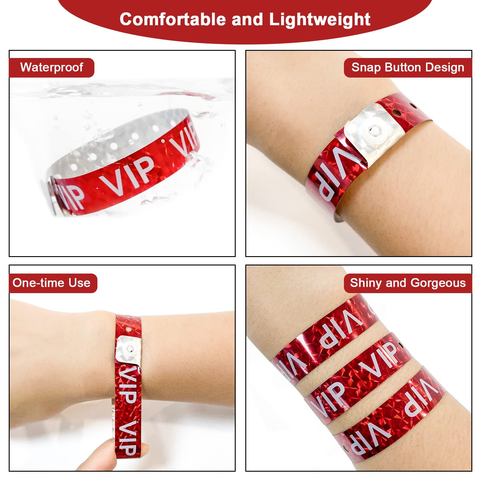 100 PCS Holographic VIP Plastic Wristbands Red Vinyl Events Parties Bands