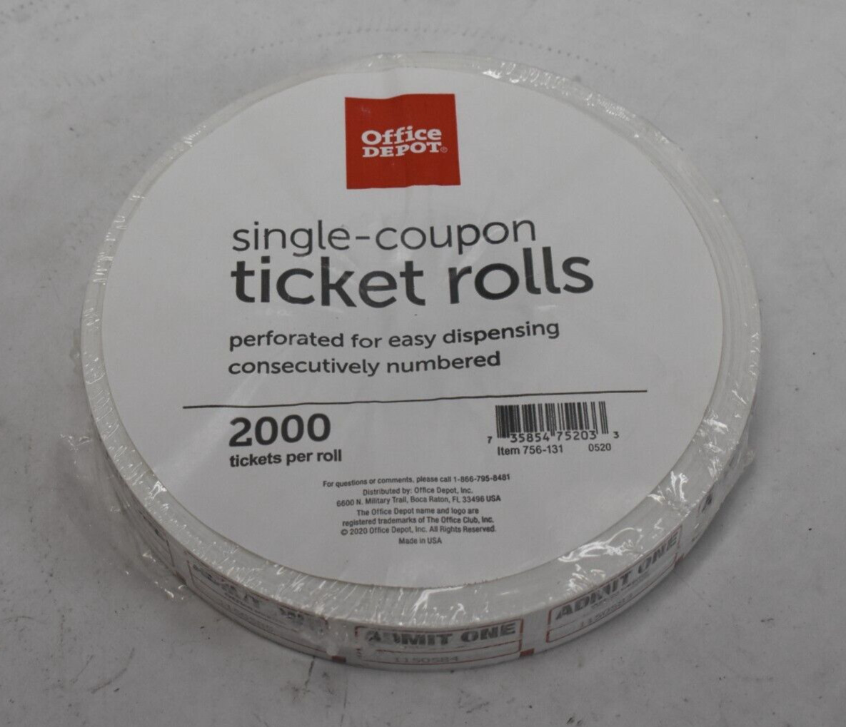 Raffle Ticket Roll of 2000 Tickets White Single Coupon Ticket Roll 759-131