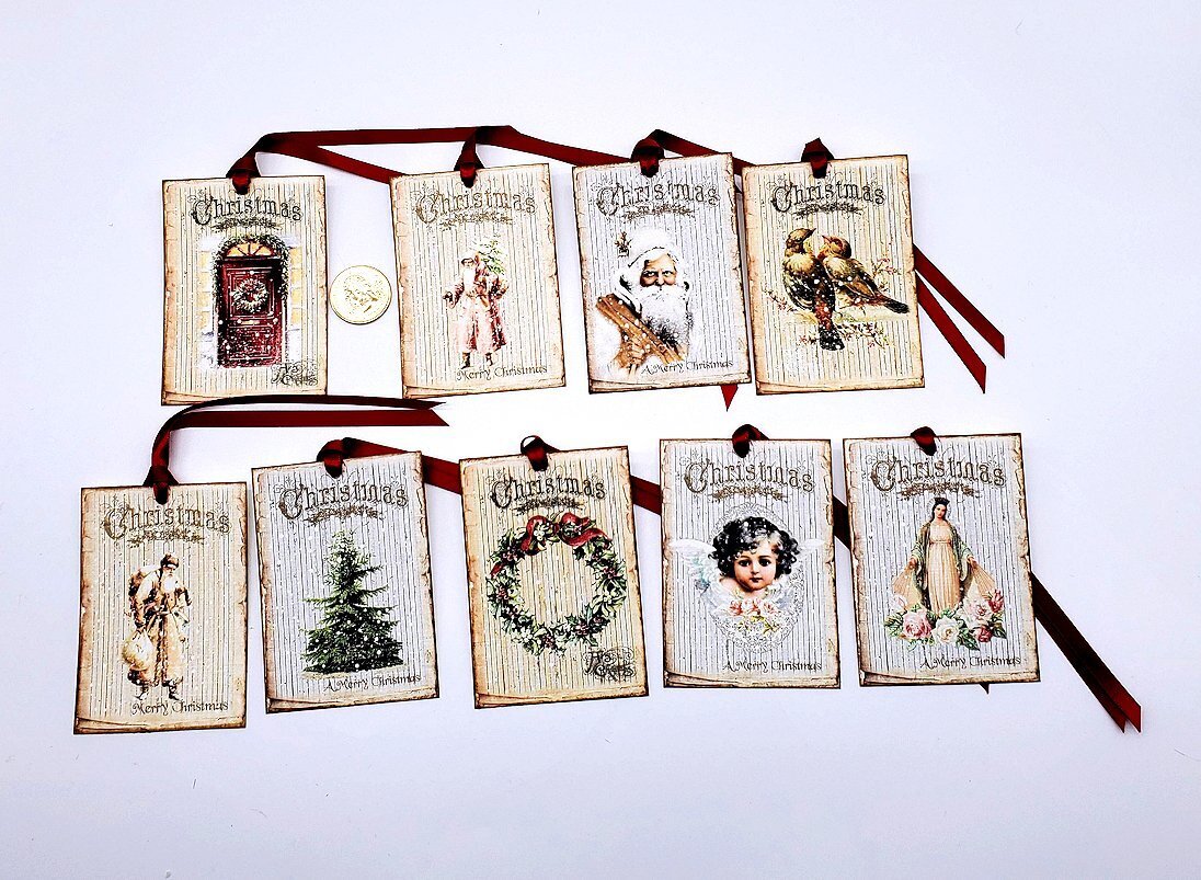 9-Christmas-Wood-Rustic-Farmhouse-Santa-Linen Cardstock-Gift-Hang-Tags