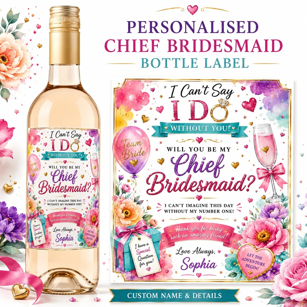 Personalised Chief Bridesmaid Proposal Bottle Label Sticker Wedding Gift