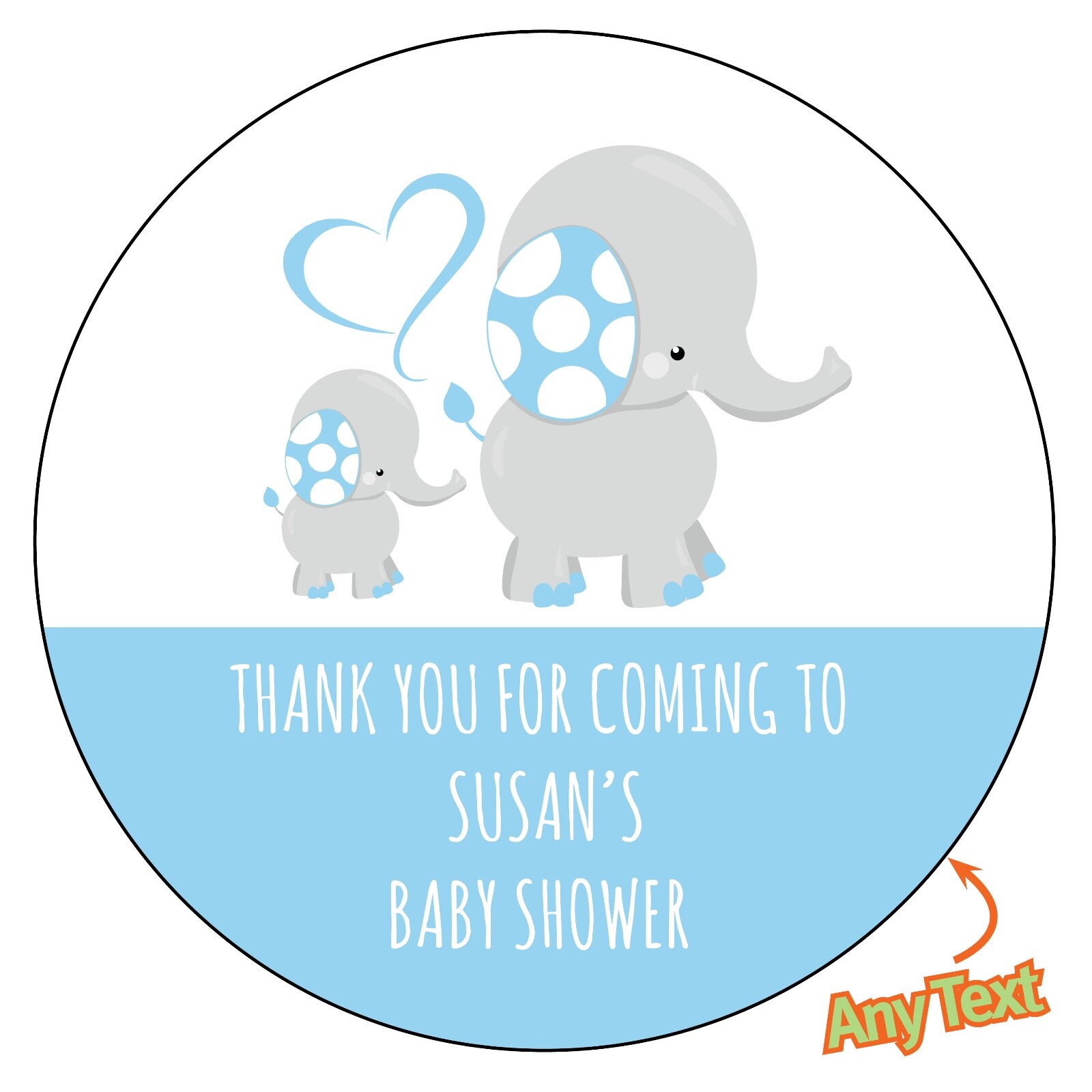 GLOSSY Personalised Elephant Round Stickers label BLUE Baby Shower Thank You 830