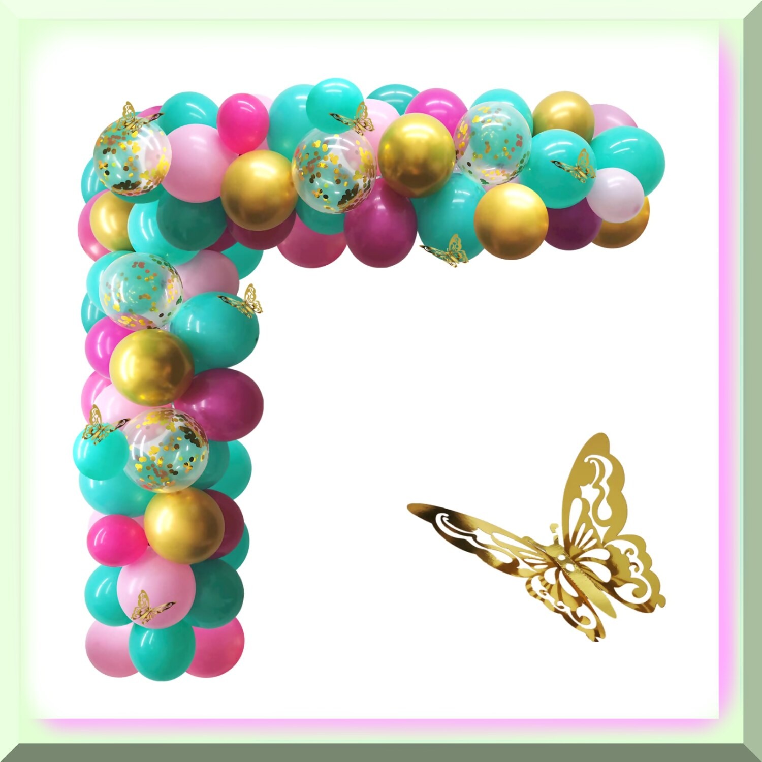 Teal Pink Balloon Arch Kit with Gold Butterflies