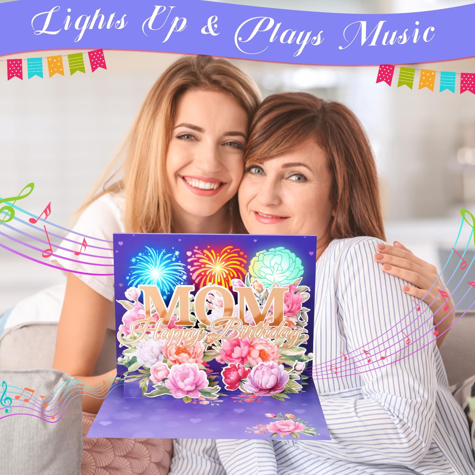 Pop Up Mom Birthday Card with Lights & Music, 3D Happy 5×7 inches, purple
