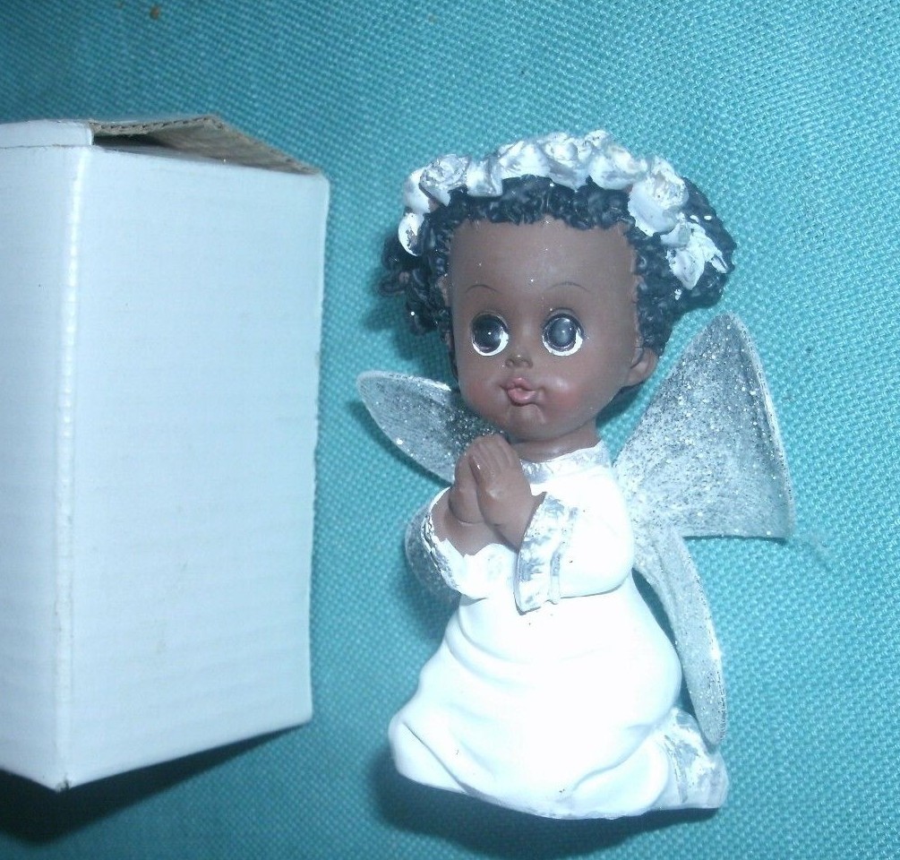 ADORABLE BLACK BABY ANGEL in WHITE SHOWER CAKE DECORATION NEW