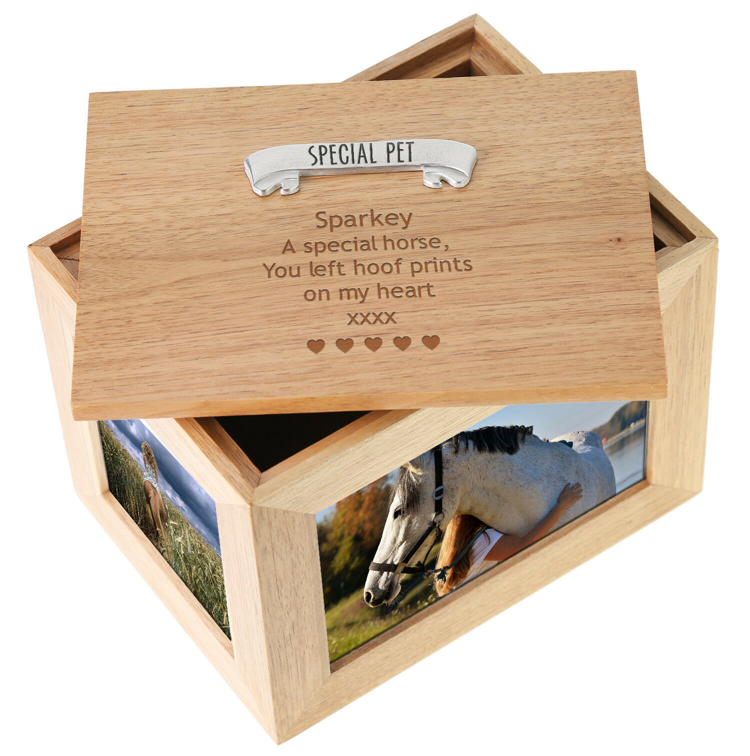Custom Deceased Horse & Pony Large Oak Keepsake Memorial Photo Frame Memory Box
