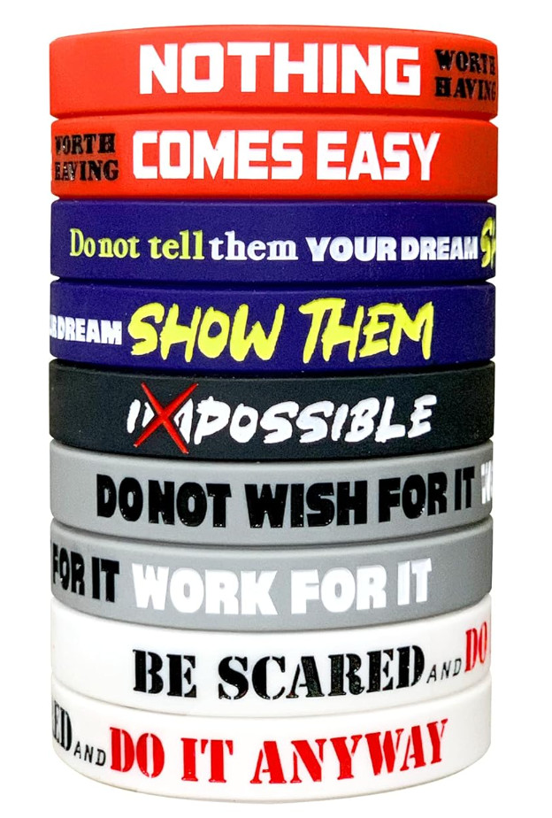 12 Pack Motivational Wristbands for Men, Women & Teens, 12X8” Silicone Bracelets