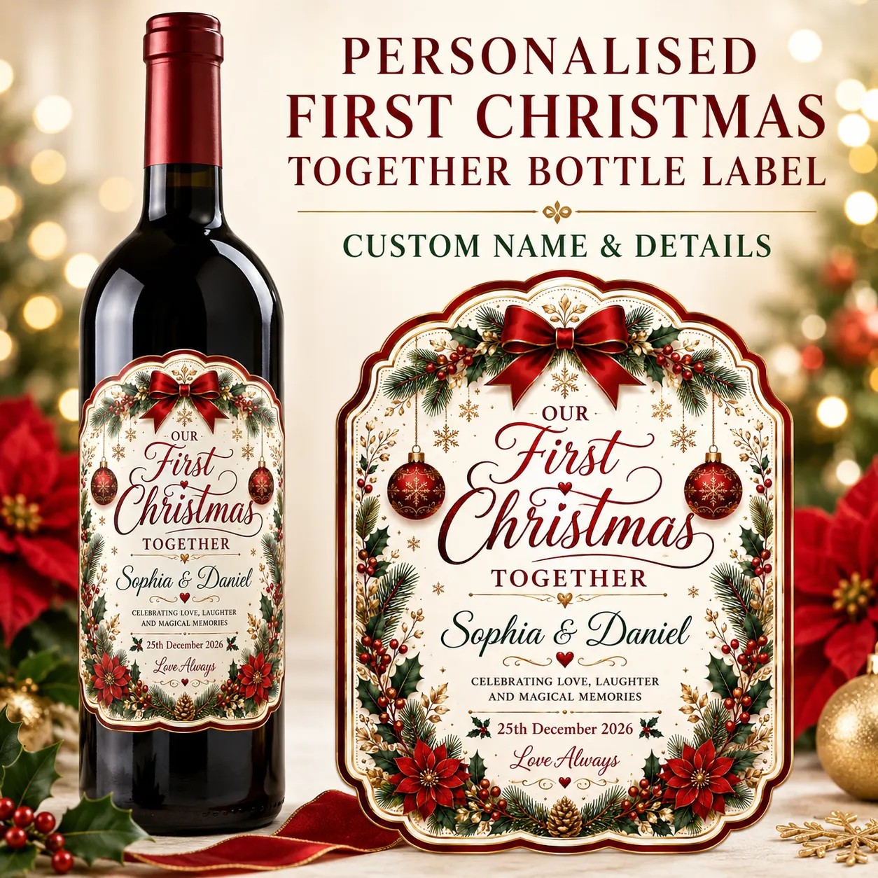 Personalised First Christmas Together Bottle Label Sticker Custom Wine Gift