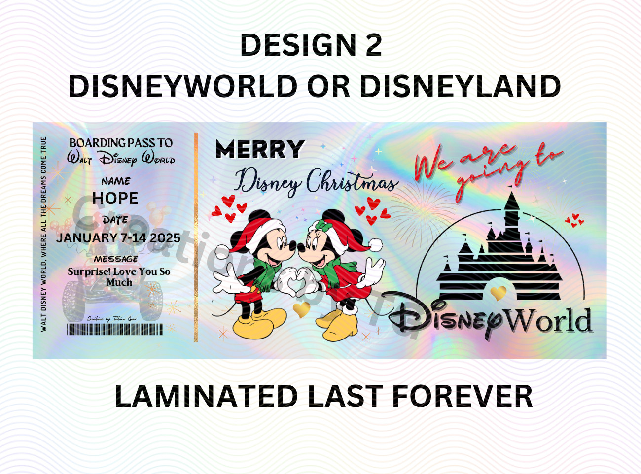Physical Holographic Unique Personalized Surprise Reveal Ticket Disney Style