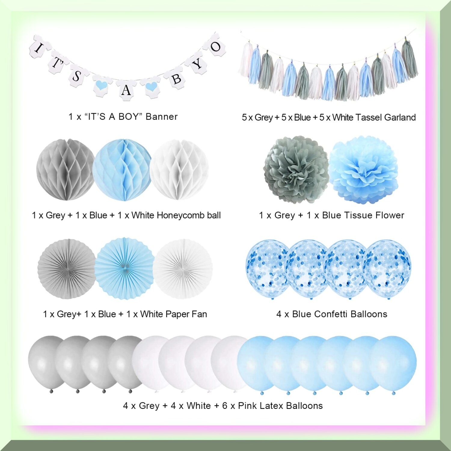 Baby Shower Decor Kit Blue Grey with Banner Fans and Balloons