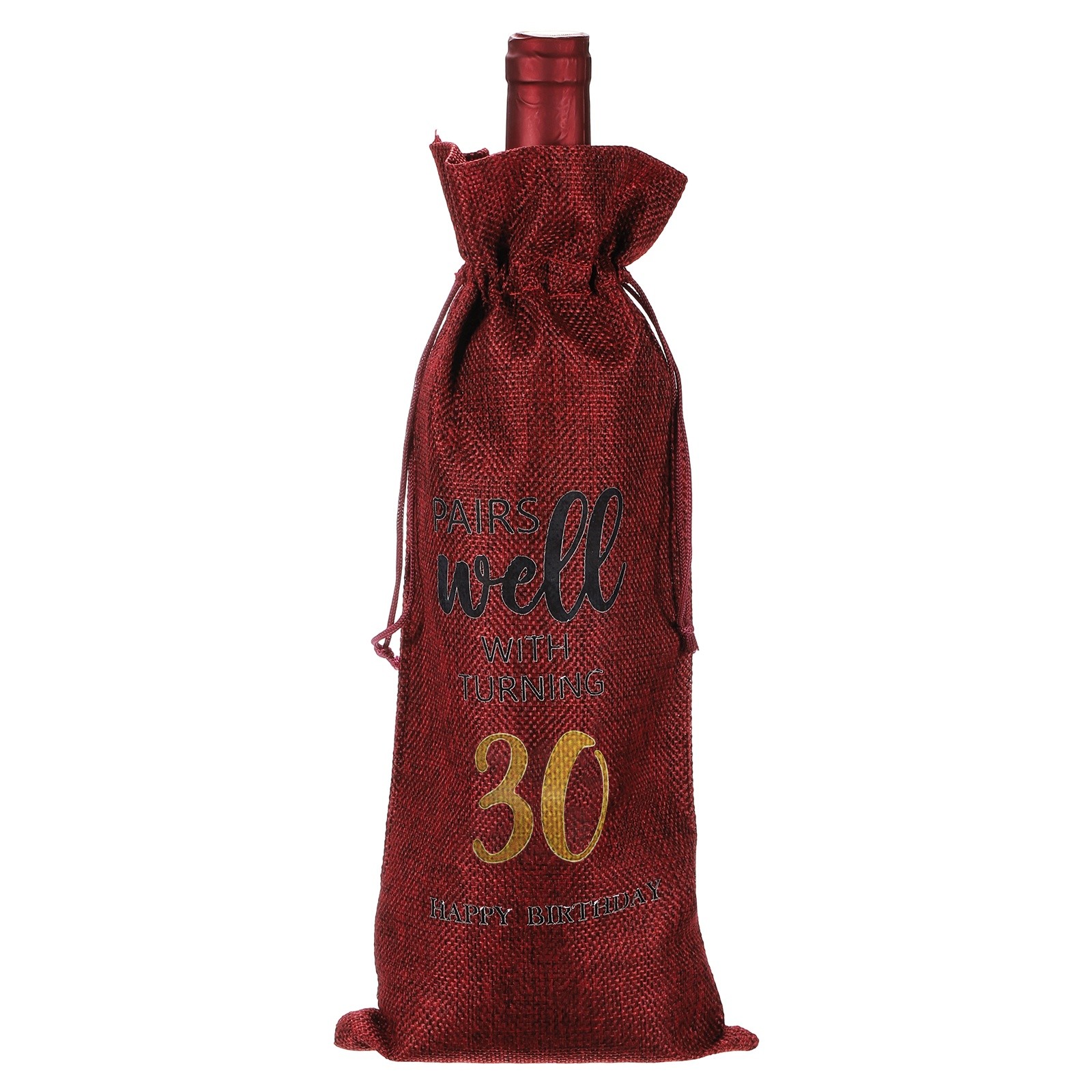 6 x 14 Inch 30th Birthday Gift Wine Bottle Bag with Drawstring, Red