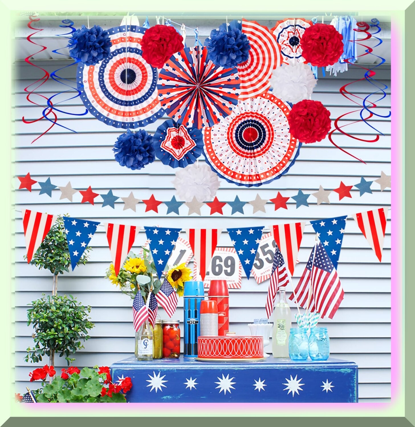 Red, White, and Blue Patriotic Party Decor Set with Flags and Stars
