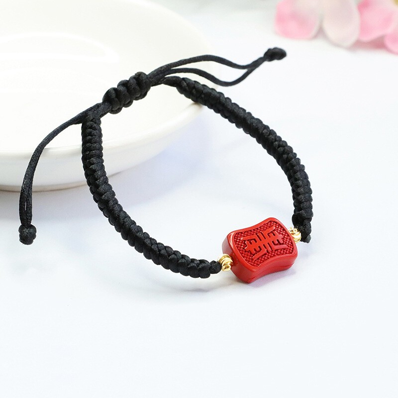 Handmade Cinnabar Red&Black String Bracelet with Charm Adjustable Lucky FengShui