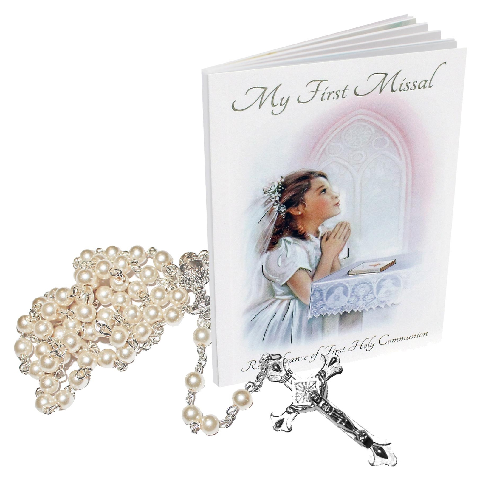 First Holy Communion Girl Missal Book and Pearl Rosary Bead Gift Set