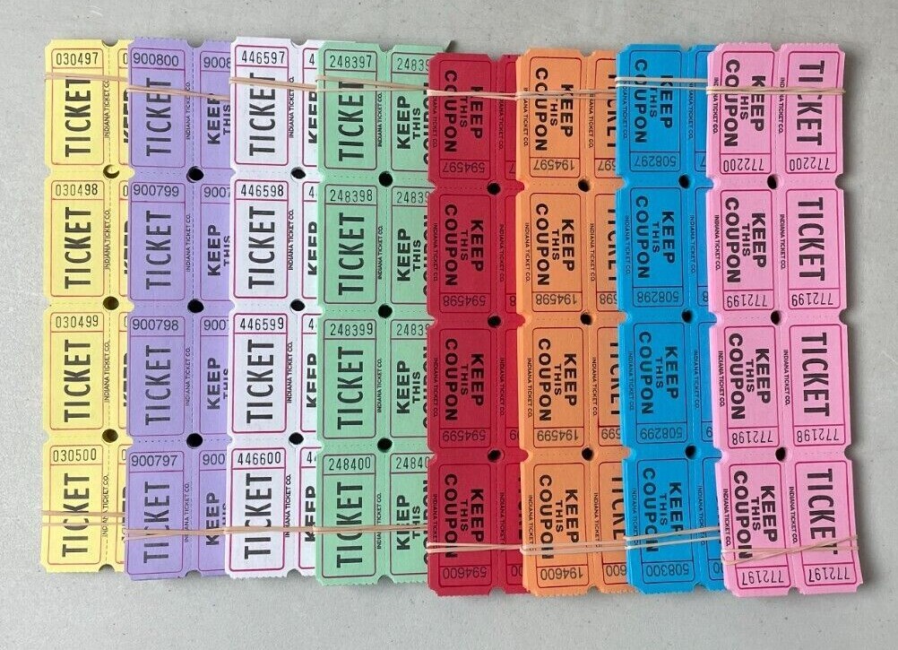 500 Raffle Tickets 50/50 Double Stub Split the Pot 8 Colors 1/4 Roll Folded Flat
