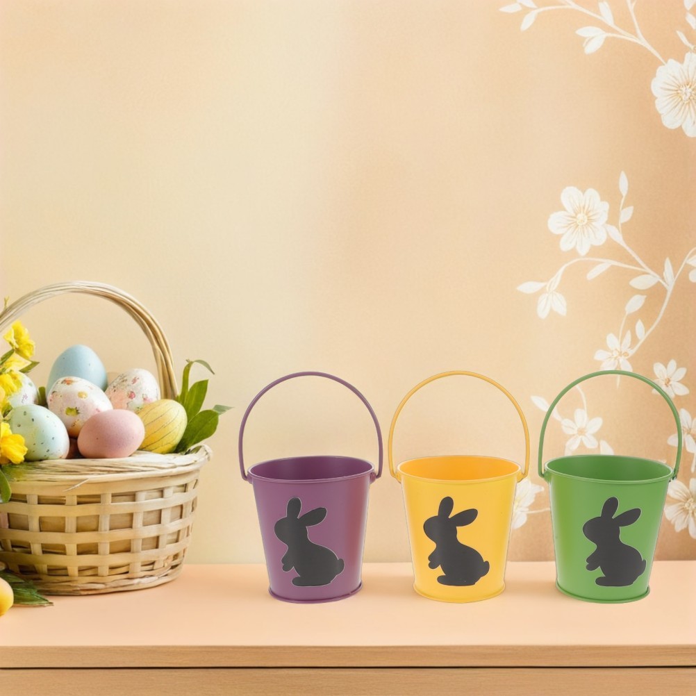 3Pcs Reusable Iron Bunny Candy Buckets Easter Egg Hunt Baskets with Handles