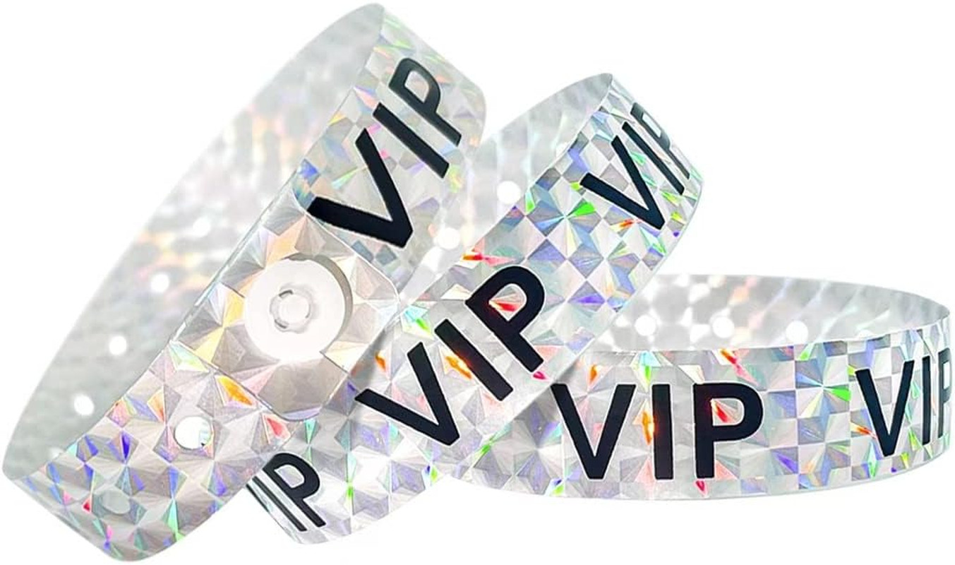 Holographic VIP Plastic Wristbands Silver – 100 Pack Vinyl Wristbands for Events