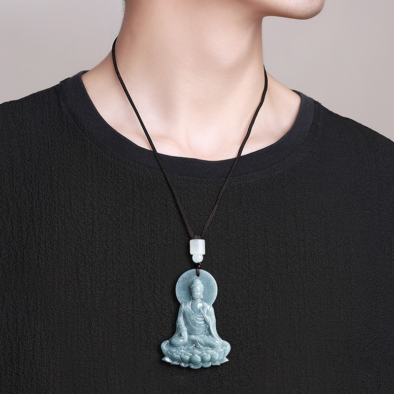 Natural Genuine Blue Green A Jade Jadeite China Style Pendant Amitabha 阿弥陀佛 Gift